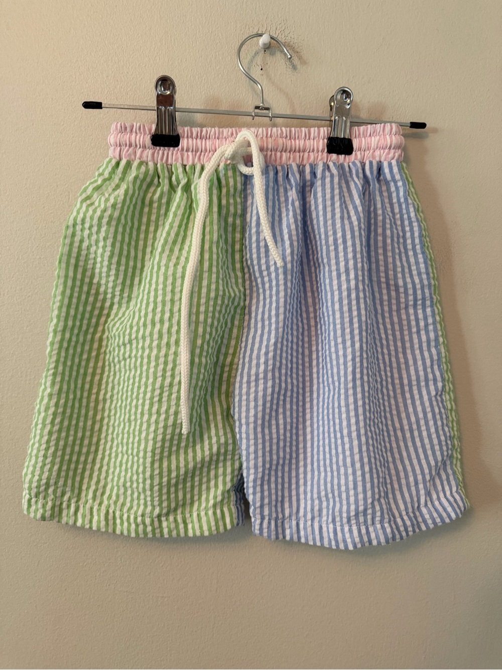 Smocked Polkadot Colorblock Seersucker Drawstring Swim Trunks- Green & Blue